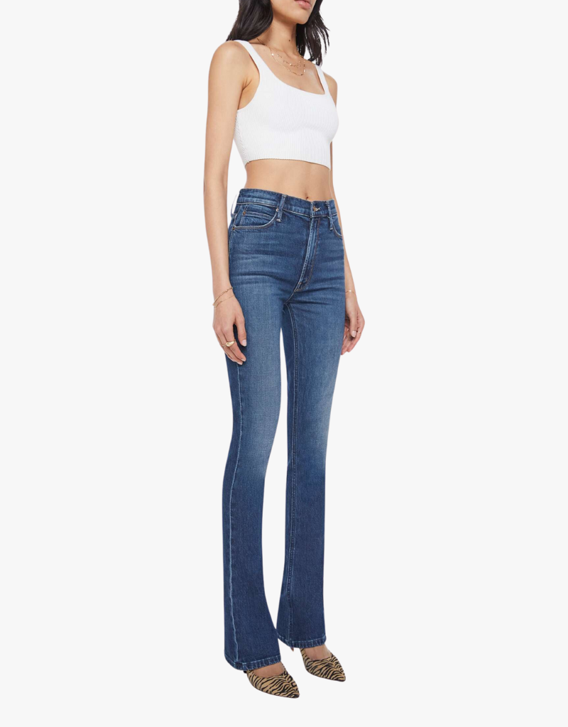 Mother Jeans in High Waisted Runaway in Shine On - Model in White Background