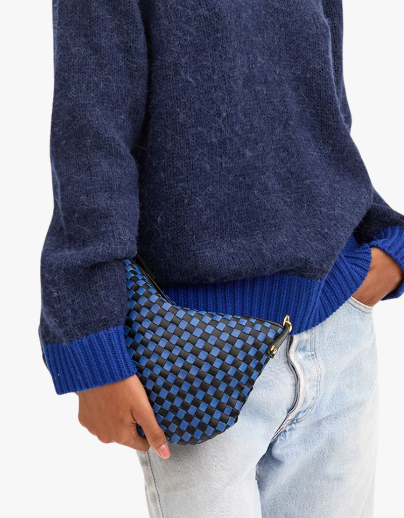 Clare V. Petit Moyen Messenger in Black & Cobalt Woven Checker