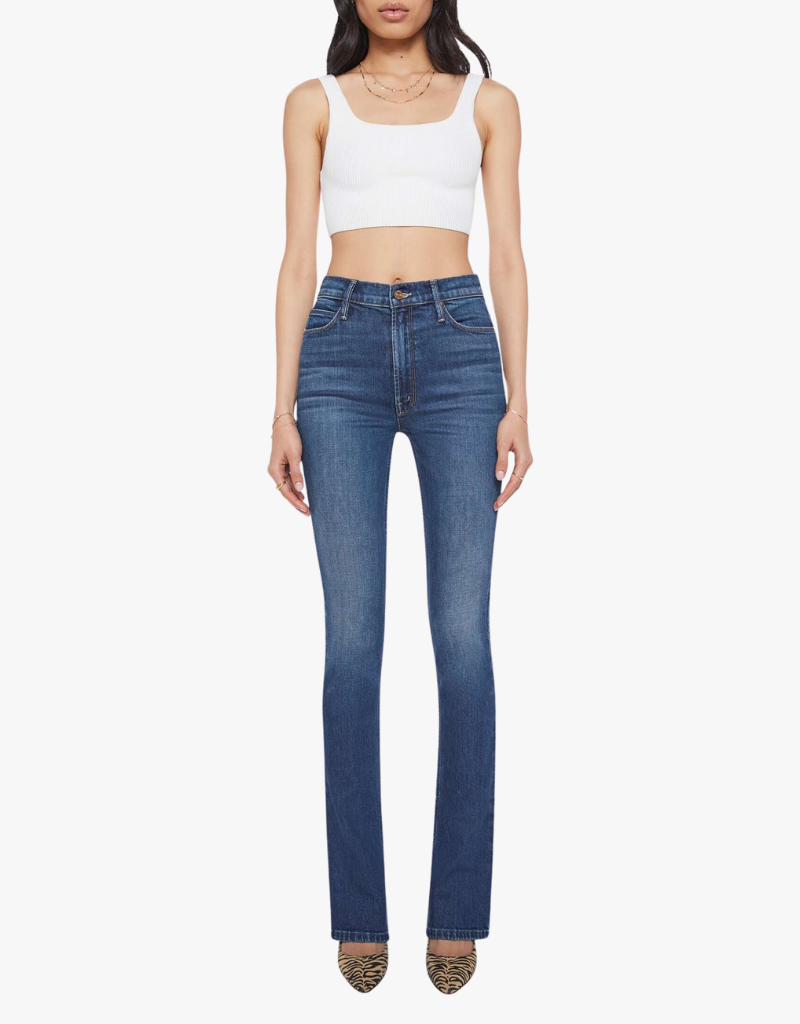 Mother Jeans in High Waisted Runaway in Shine On - Model in White Background