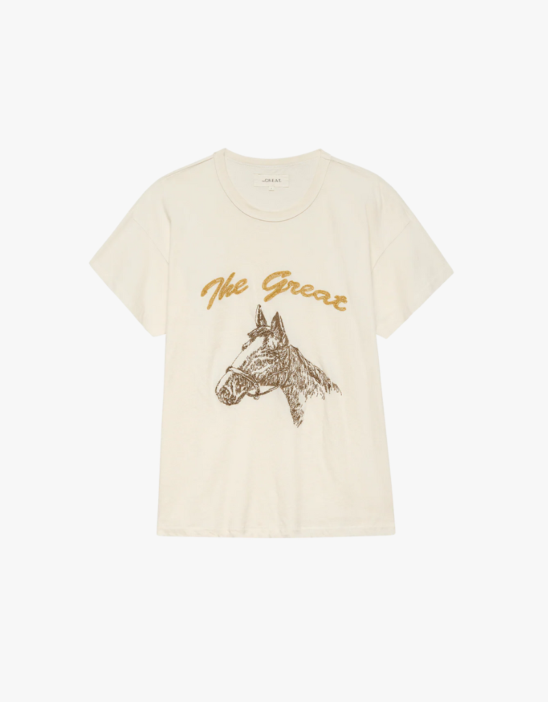 The Great The Boxy Crew w/ Horse Embroidery in Washed White