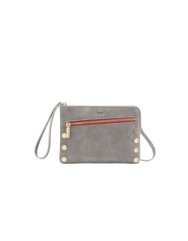Hammitt Nash Small Crossbody Clutch in Pewter with Brushed Gold & Red Zip