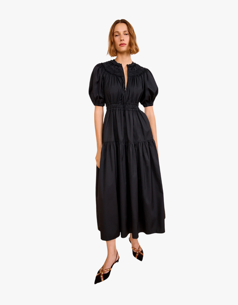 Ulla Johnson Othella Short Sleeve Midi Dress in Noir