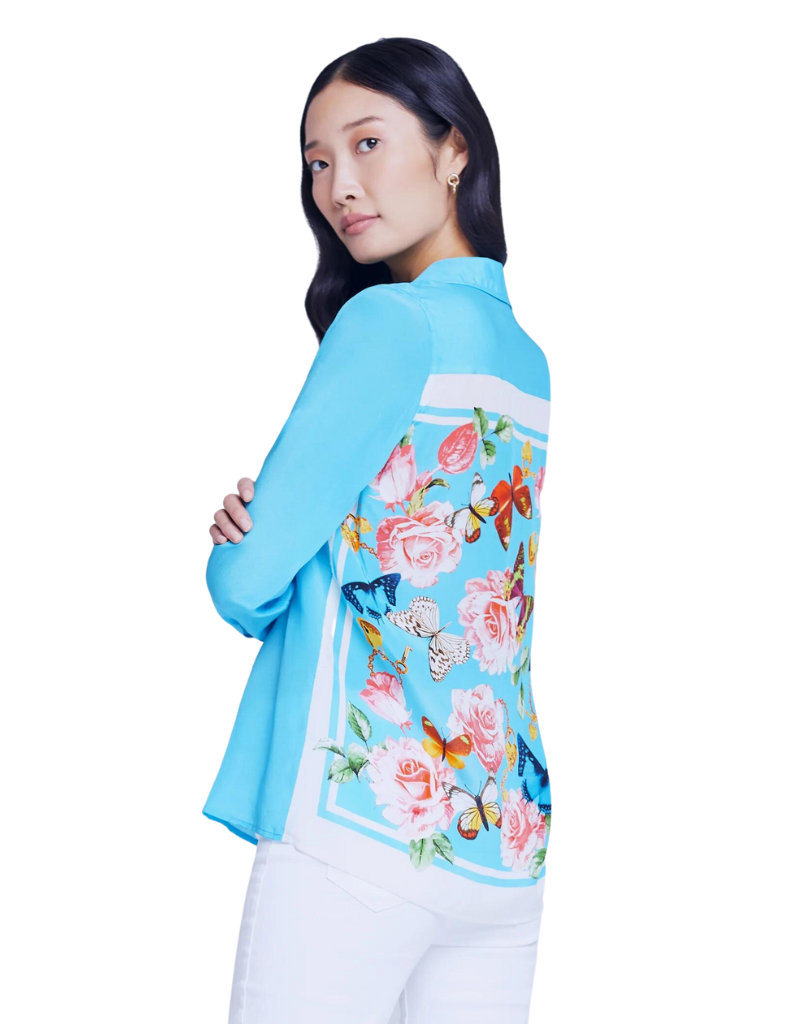 L'agence Gio Long-sleeve Blouse in Aqua Multi Butterfly