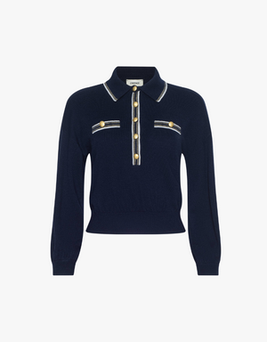 L'agence Malaki 3/4 Sleeve Collared Sweater in Midnight in Ivory & Gold
