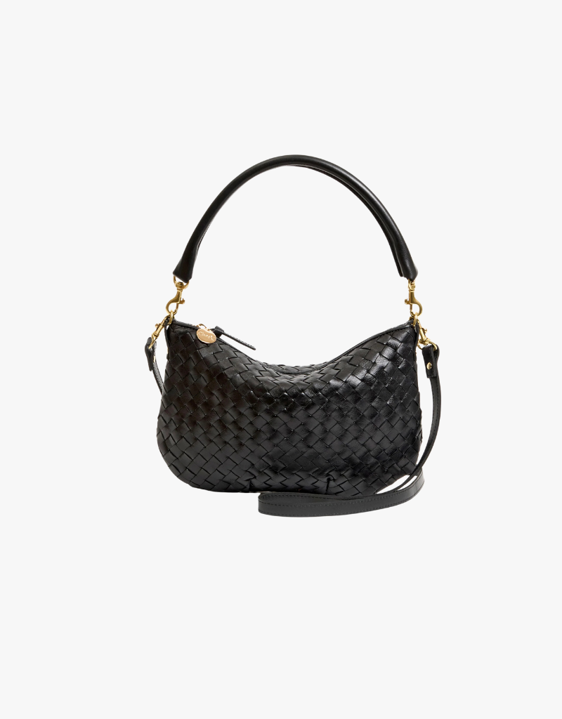 Clare V. Petit Moyen Messenger in Black Woven Diagonal