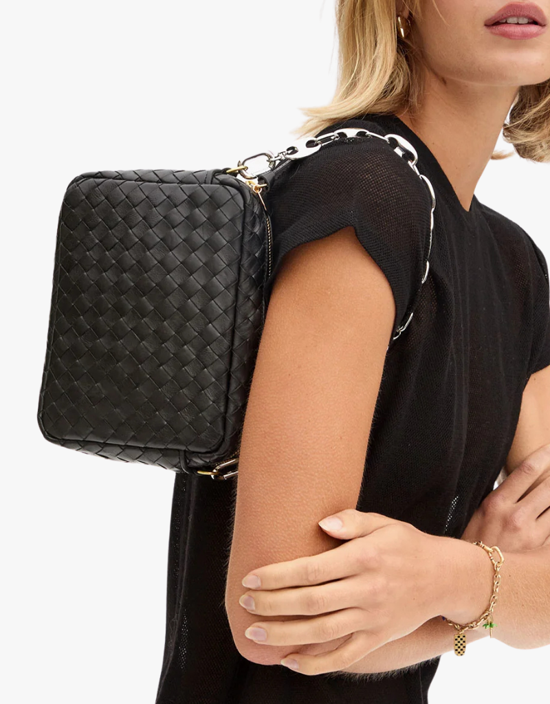 Clare V. Midi Sac in Black Woven Diagonal