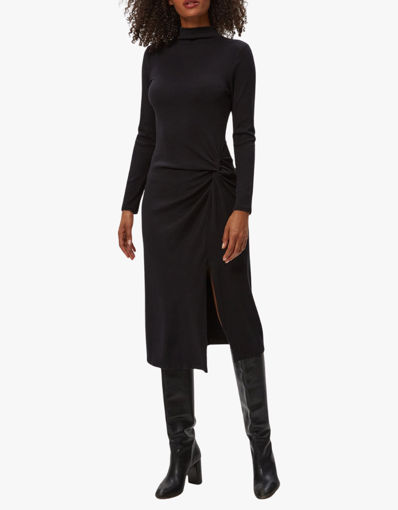Michael Stars Tish Mock Neck Midi Dress With Slit in Black