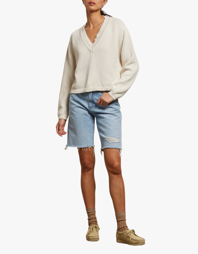 Perfect White Tee Addie Cotton Oversized V-Neck Sweater in Sugar