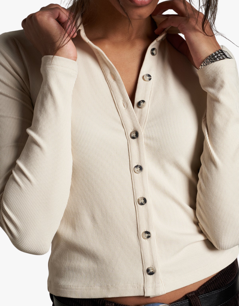 Perfect White Tee Amee Luxe Rib Long Sleeve Button Polo in Sugar