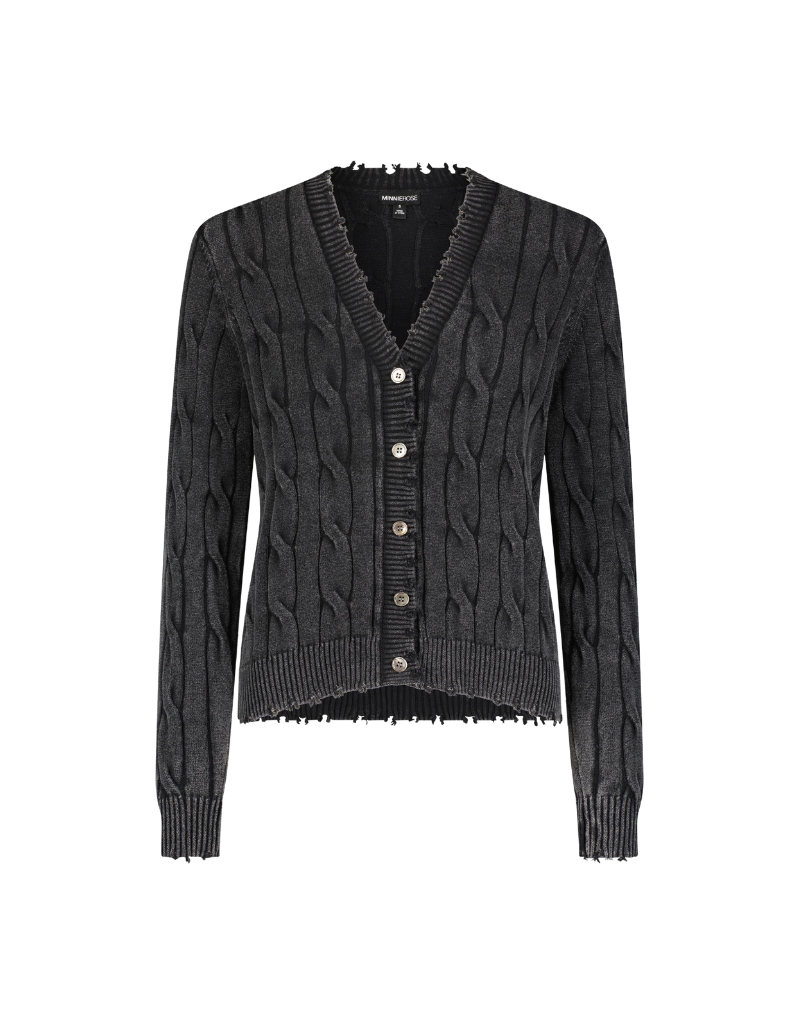 Minnie Rose Cotton Stone Wash Distressed Cable Cardigan in Black
