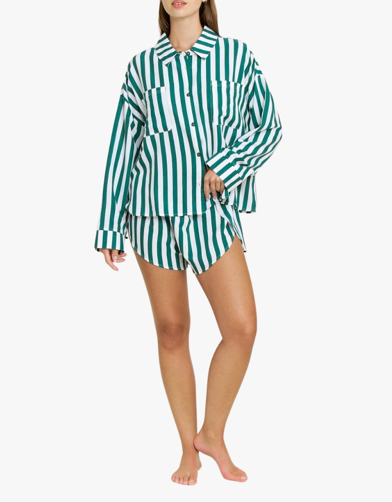 Honeydew Brunch Date Long Sleeve Shortie PJ Set in Mistletoe Stripe