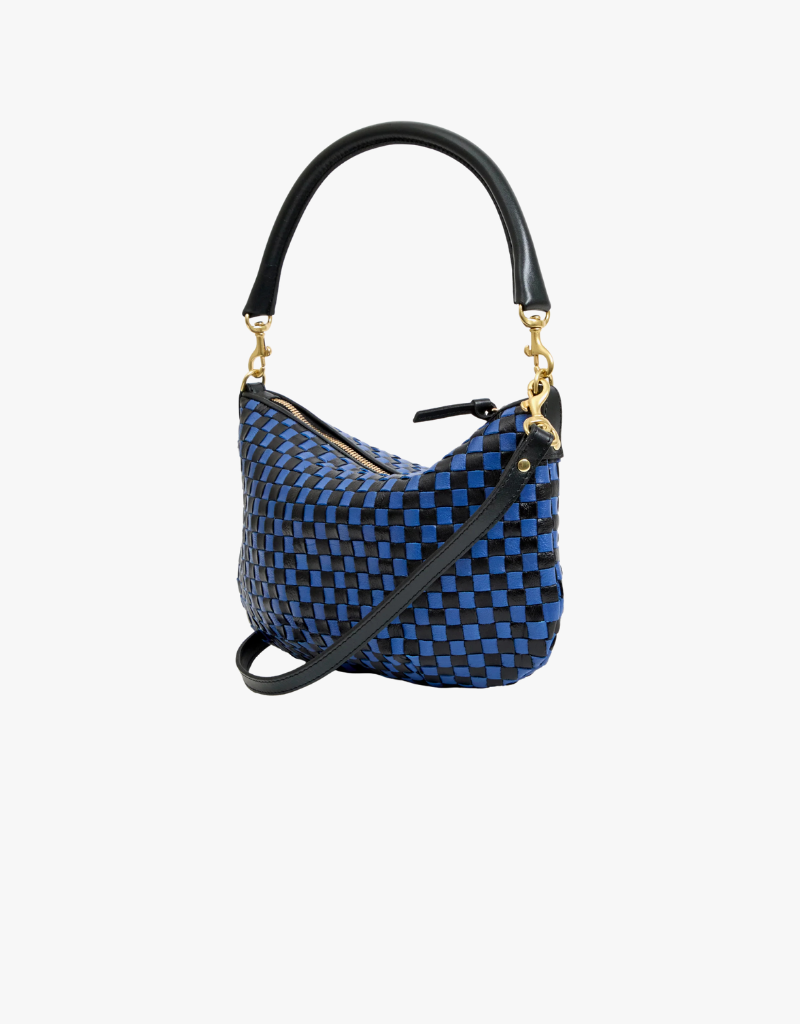 Clare V. Petit Moyen Messenger in Black & Cobalt Woven Checker