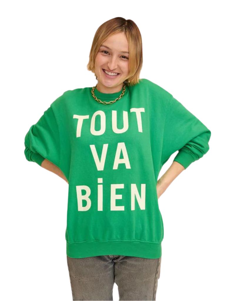 Clare V. Oversized Sweatshirt in Green with Cream Grand Tout Va Bien