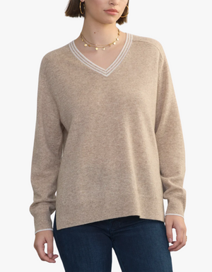 Margaret O'Leary Boyfriend Cashmere Vee in Wheat & Chalk