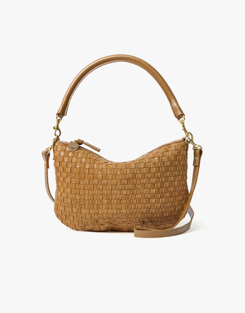 Clare V. Petit Moyen Messenger- Leather & Suede Woven Checker in Sequoia