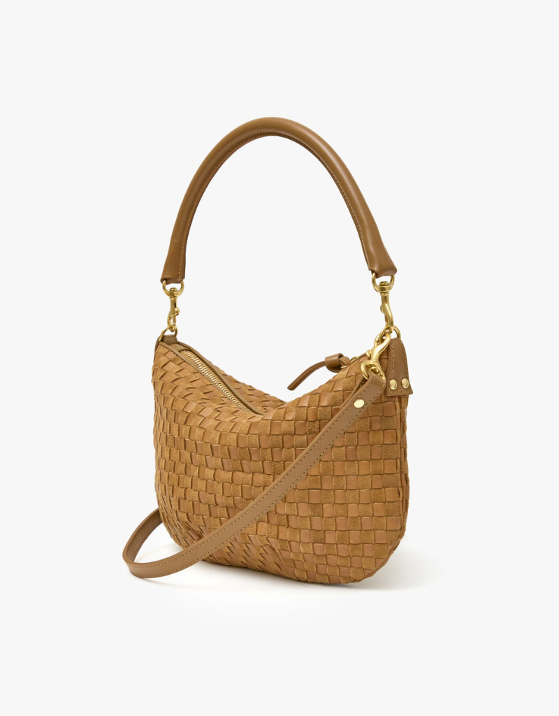 Clare V. Petit Moyen Messenger- Leather & Suede Woven Checker in Sequoia