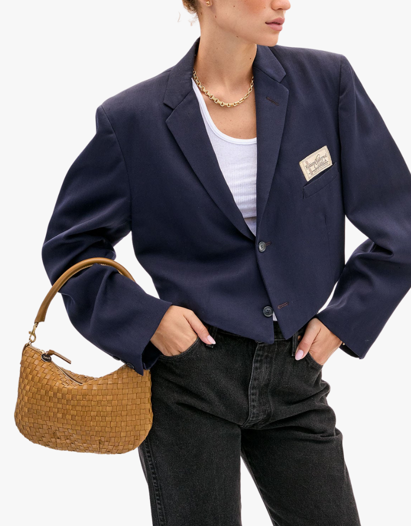 Clare V. Petit Moyen Messenger- Leather & Suede Woven Checker in Sequoia