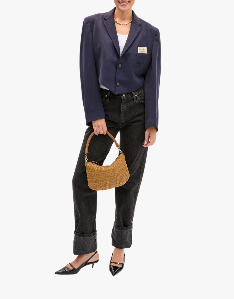 Clare V. Petit Moyen Messenger- Leather & Suede Woven Checker in Sequoia