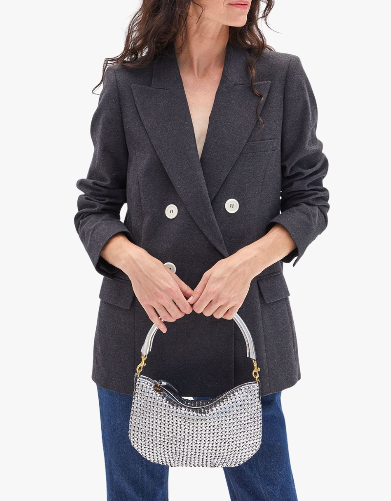 Clare V. Petit Moyen Messenger in Silver Woven Etoile