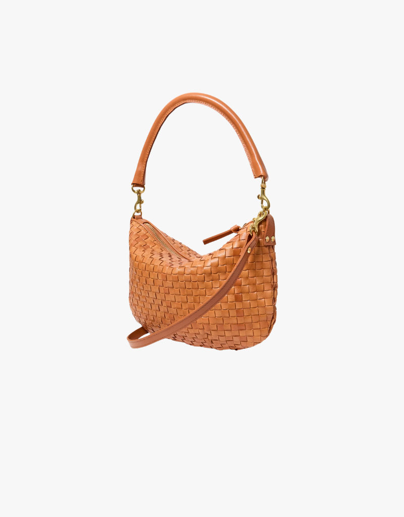 Clare V. Petit Moyen Messenger in Natural Woven Checker