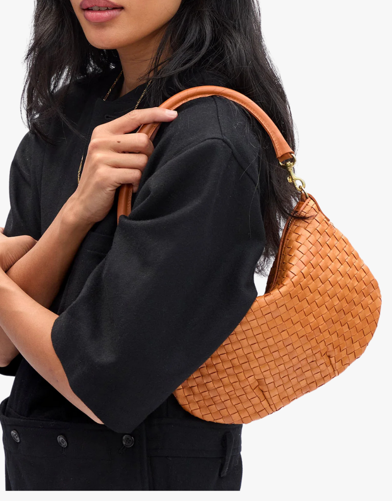 Clare V. Petit Moyen Messenger in Natural Woven Checker