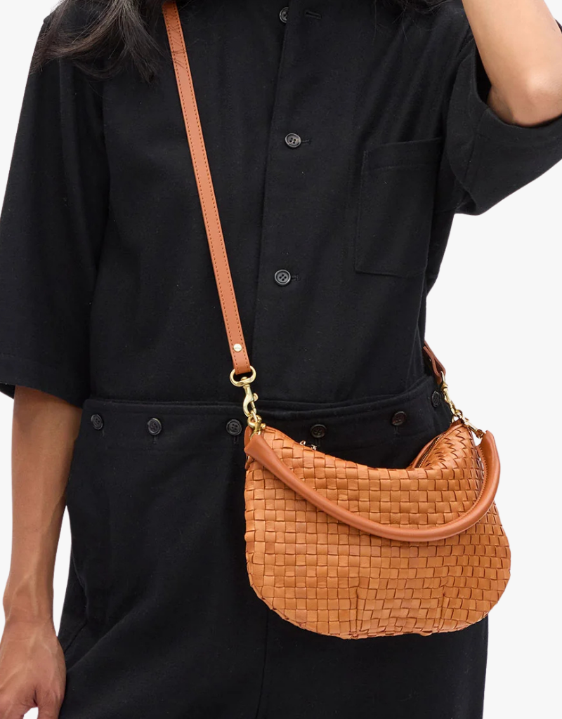 Clare V. Petit Moyen Messenger in Natural Woven Checker