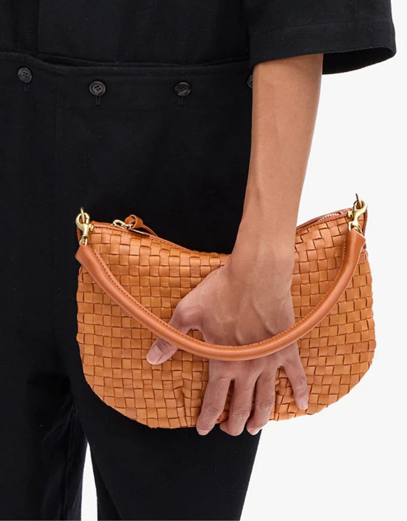 Clare V. Petit Moyen Messenger in Natural Woven Checker