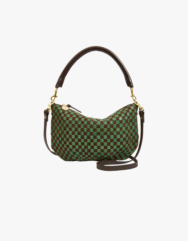 Clare V. Petit Moyen Messenger in Deep Pine & Chocolate Woven Checker
