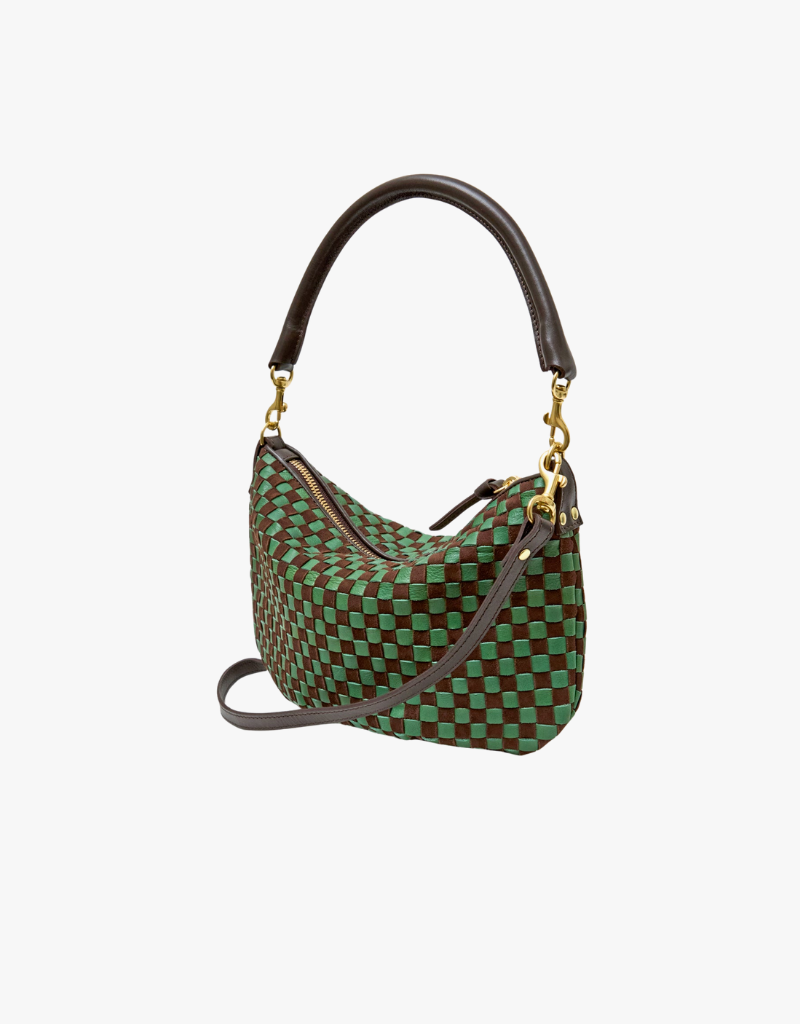 Clare V. Petit Moyen Messenger in Deep Pine & Chocolate Woven Checker