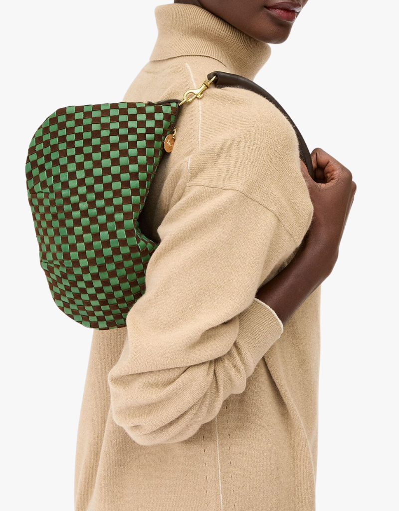Clare V. Petit Moyen Messenger in Deep Pine & Chocolate Woven Checker