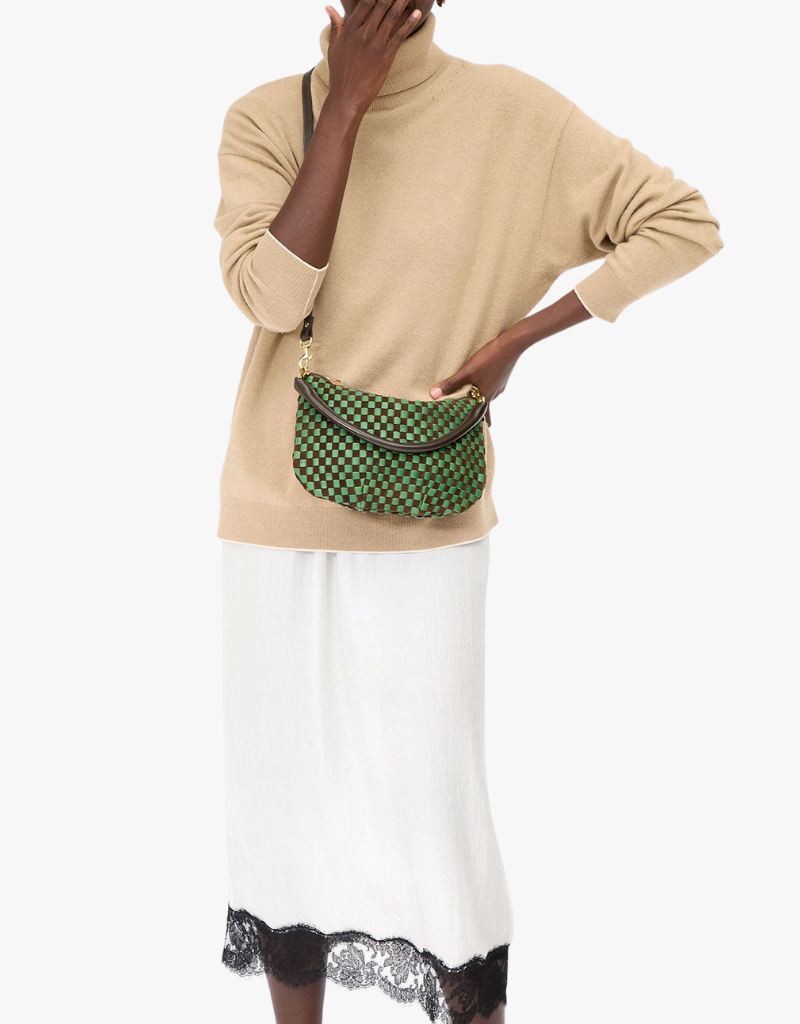 Clare V. Petit Moyen Messenger in Deep Pine & Chocolate Woven Checker