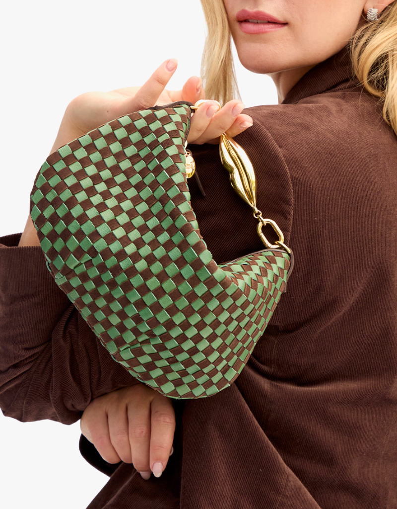 Clare V. Petit Moyen Messenger in Deep Pine & Chocolate Woven Checker