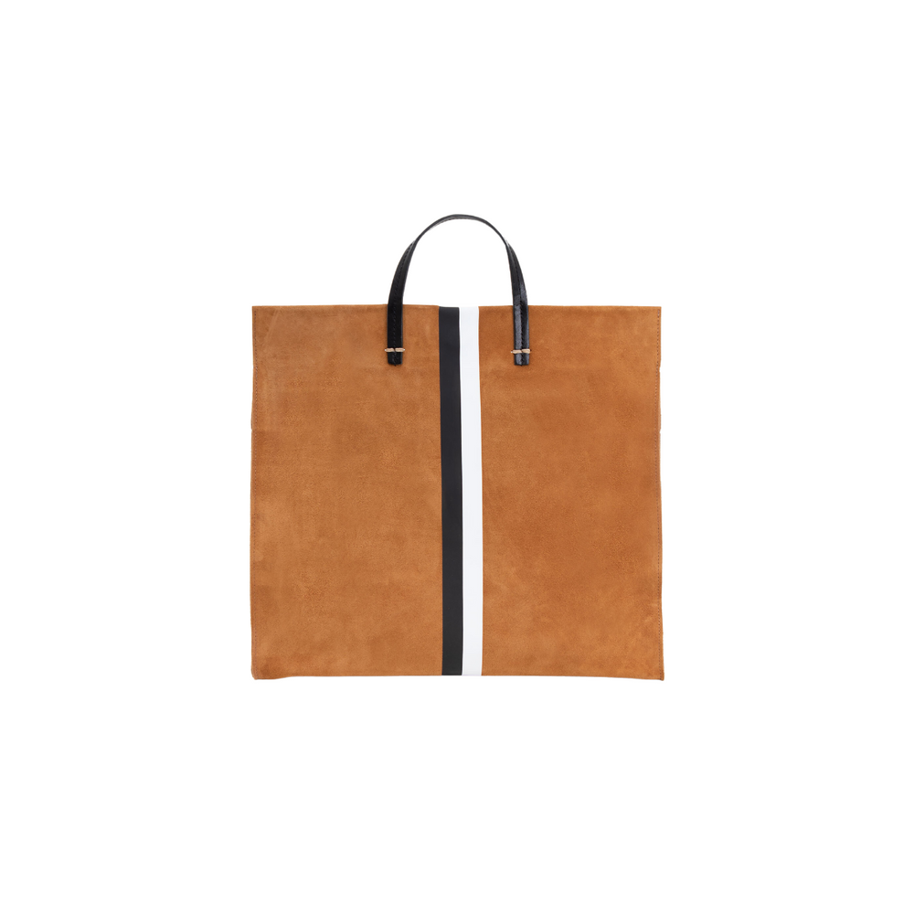 Clare V. Simple Tote in Camel Suede with Black & White Stripes