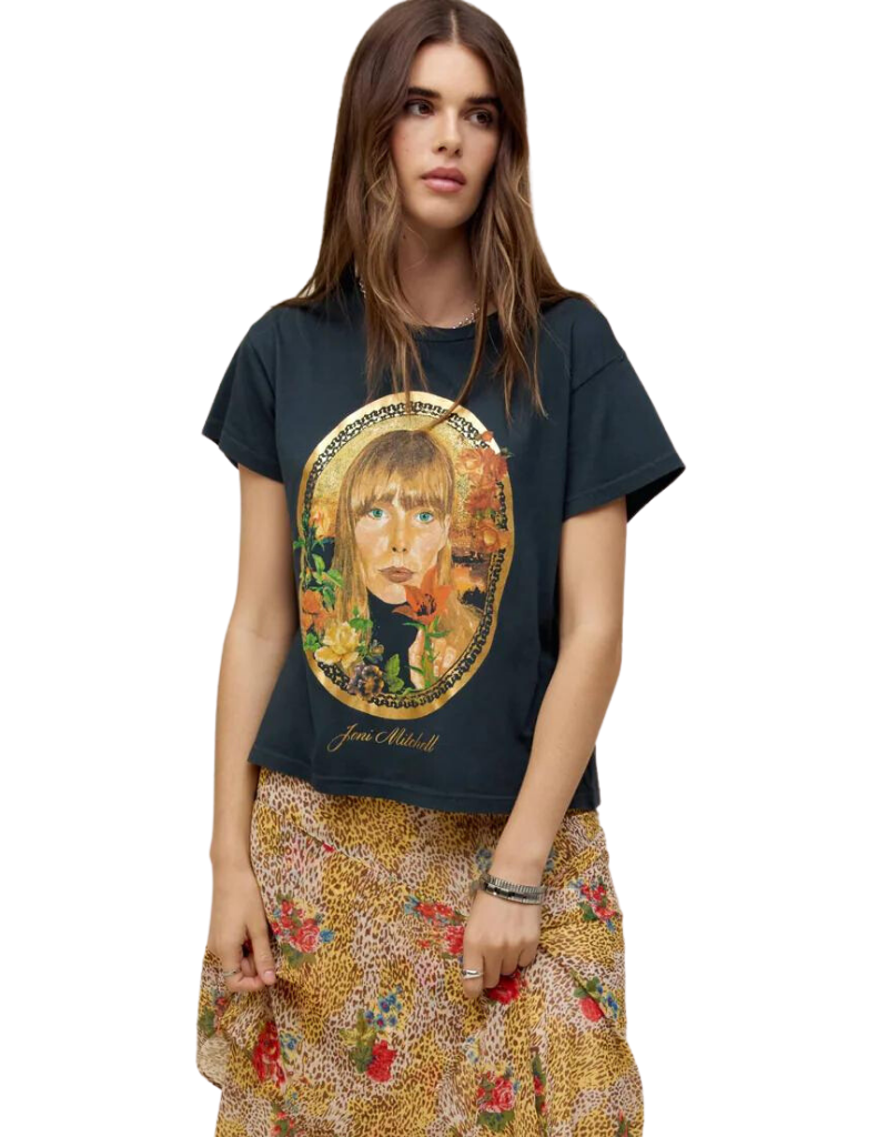 Daydreamer Joni Mitchell Painting with Flowers Solo Tee in Vintage Black