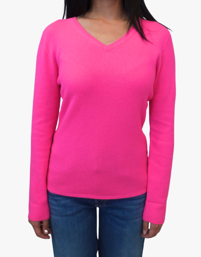 Estheme Olivia Cashmere Fitted V-Neck Sweater in Rose Fluo