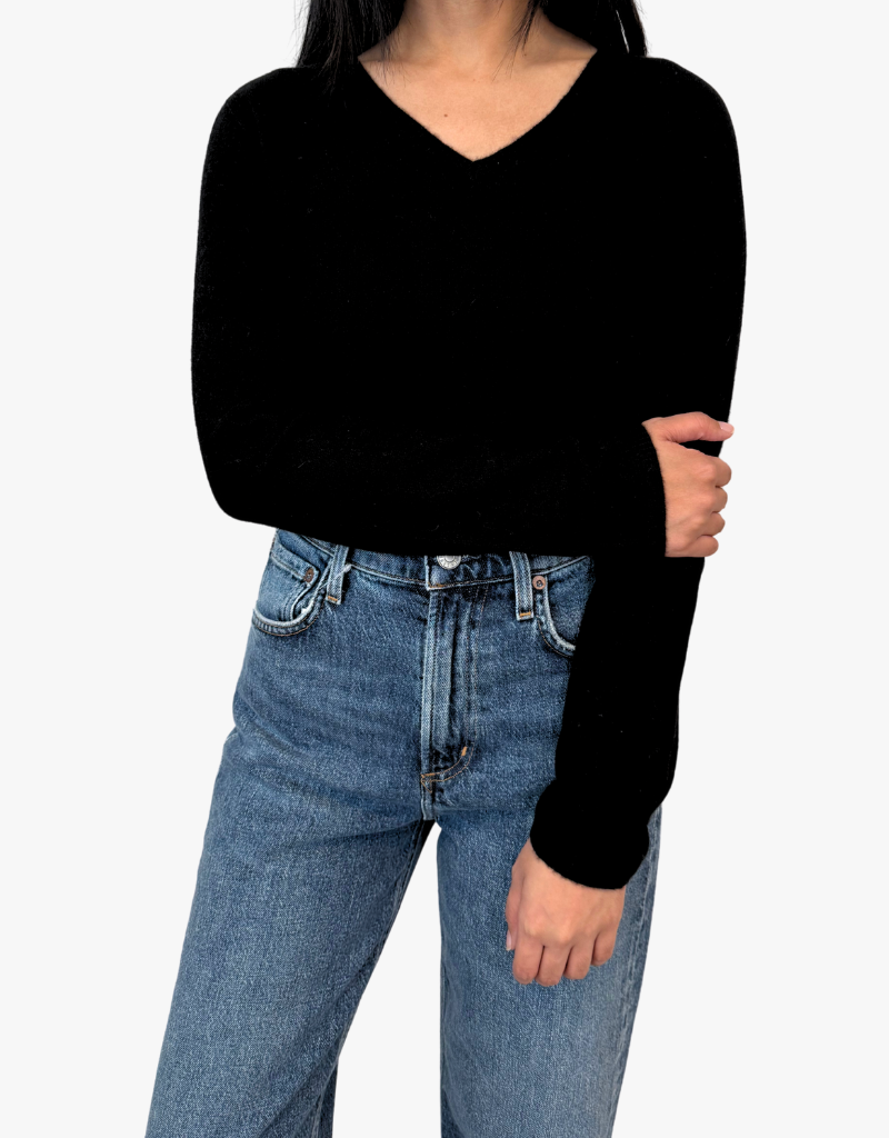 Estheme Olivia Cashmere Fitted V-Neck Sweater in Noir