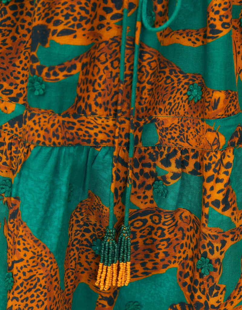Farm Rio Artsy Leopards Green Long Sleeve Mini Dress in Artsy Leopards Green