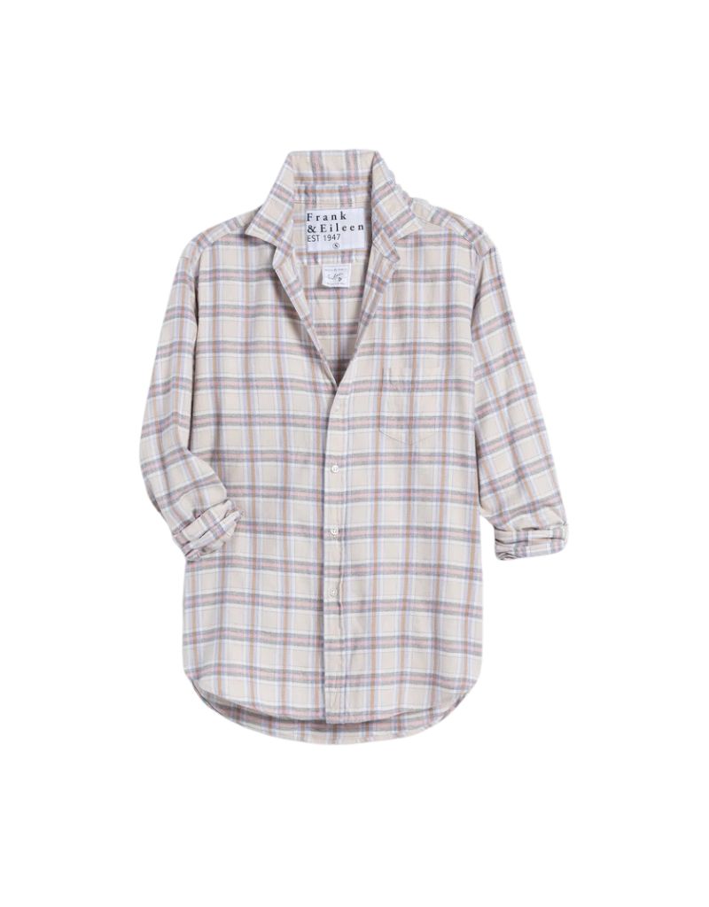 Frank & Eileen Relaxed Button-Up Shirt in Cream, White, and Pink Plaid