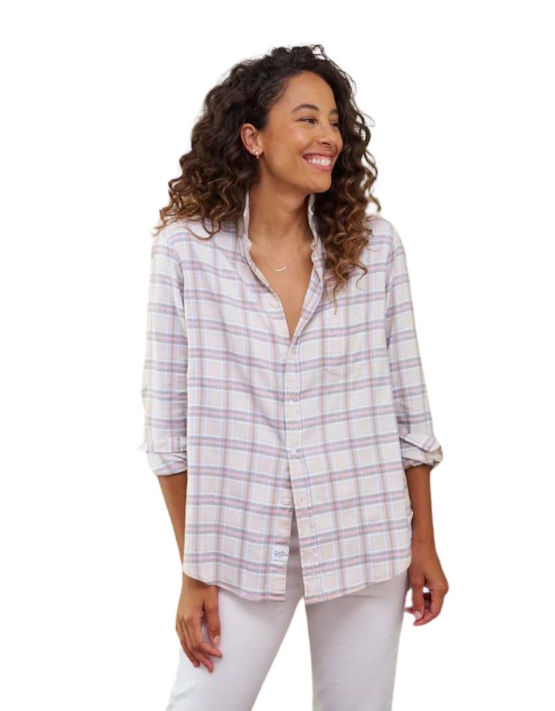 Frank & Eileen Relaxed Button-Up Shirt in Cream, White, and Pink Plaid