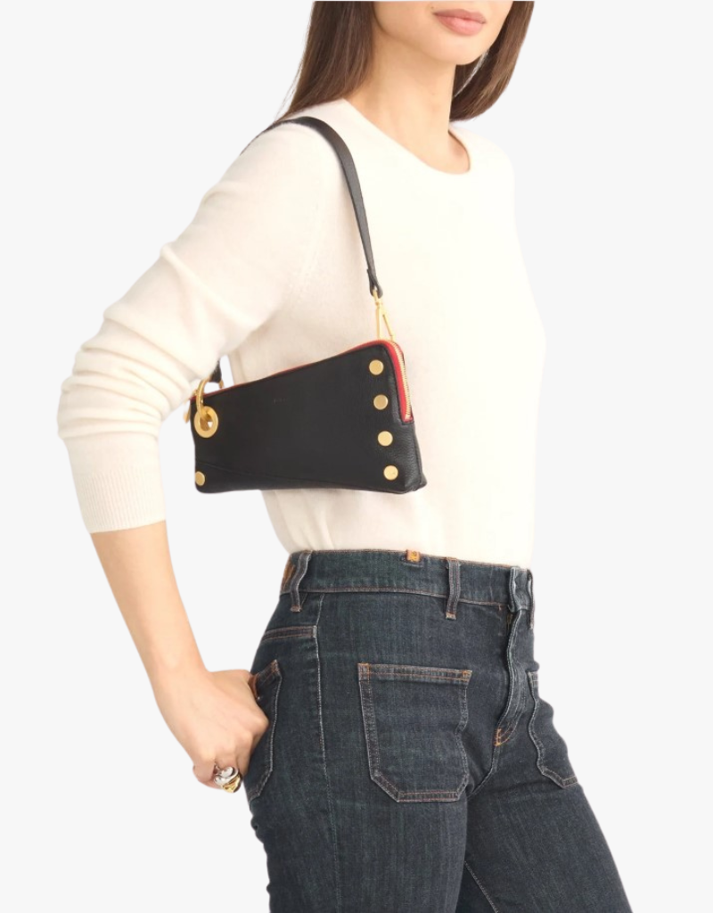 Hammitt Nash Pochette Shoulder Bag in Black & Brushed Gold with Red Zip