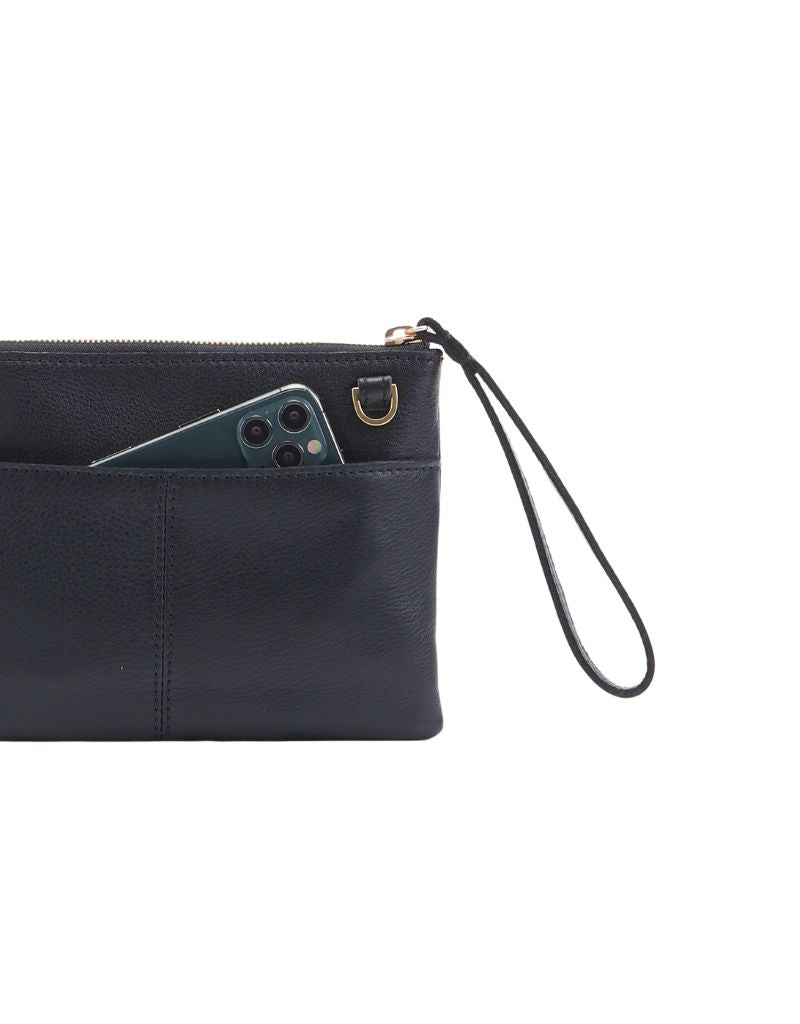 Hammitt Nash Small Crossbody Clutch in Black with Brushed Gold & Red Zip