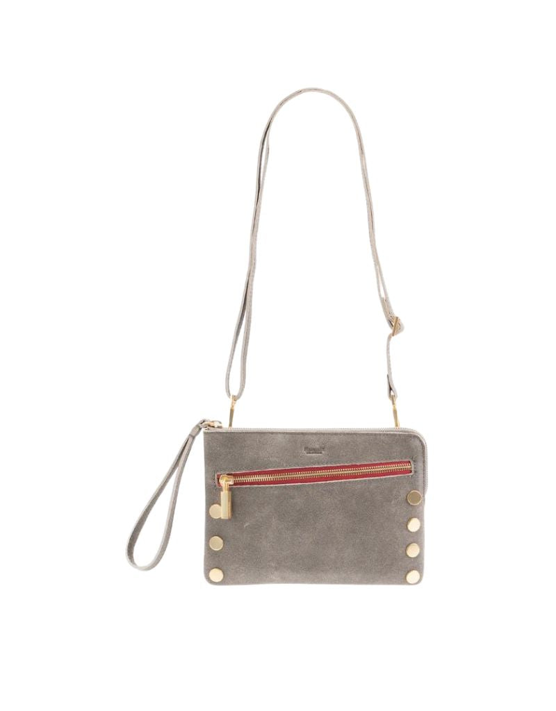 Hammitt Nash Small Crossbody Clutch in Pewter with Brushed Gold & Red Zip