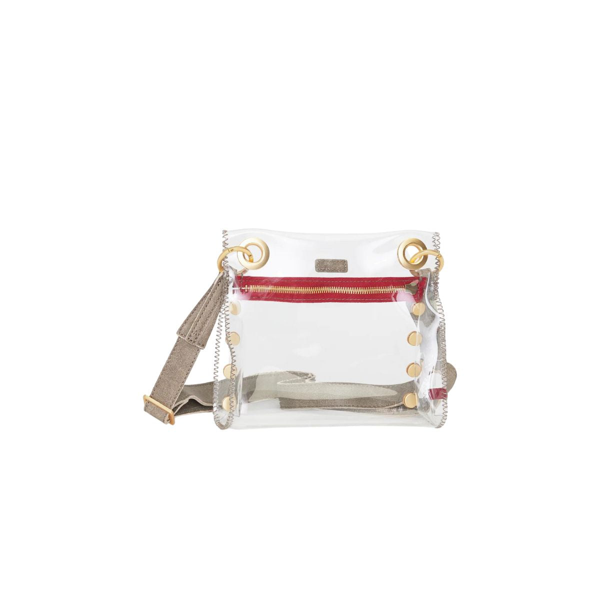 Hammitt Tony Small Crossbody Bag in Clear Pewter with Brushed Gold & Red Zip