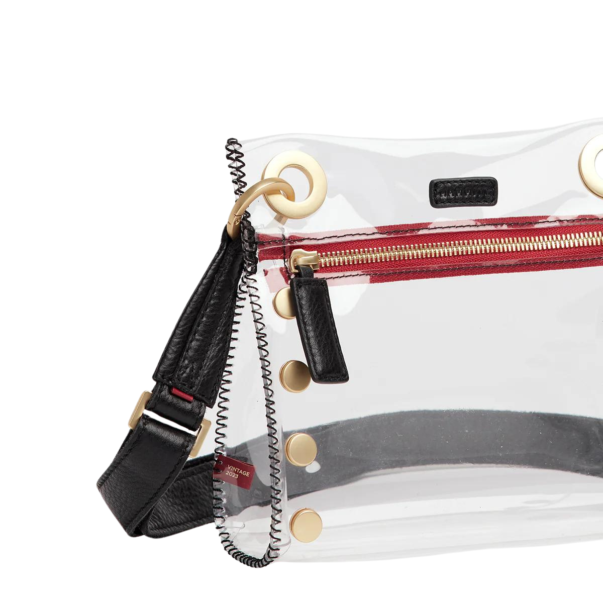 Hammitt Tony Small Crossbody Bag in Clear Black with Brushed Gold and Red Zip