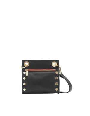 Hammitt Tony Small Crossbody Bag in Black with Brushed Gold & Red Zip