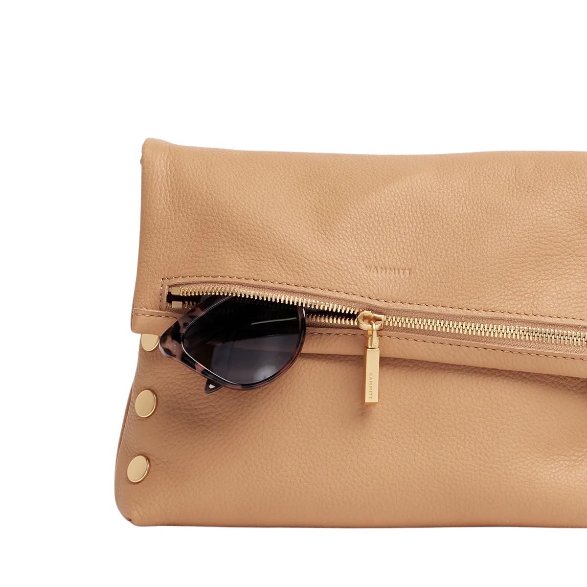 Hammitt VIP Medium Crossbody Clutch Handbag in Toast Tan with Brushed Gold
