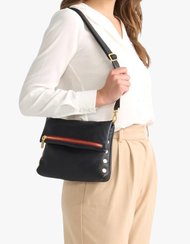 Hammitt VIP Medium Crossbody Clutch in Black & Brushed Gold with Red Zip