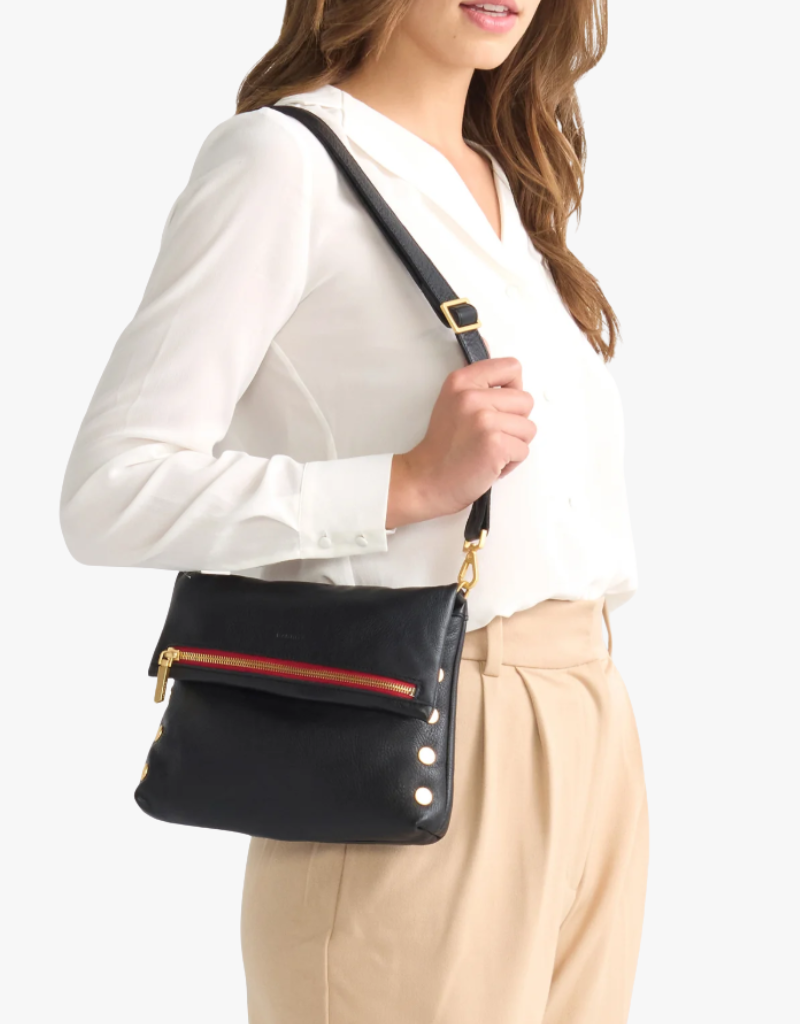 Hammitt VIP Small Handbag in Black & Brushed Gold with Red Zip