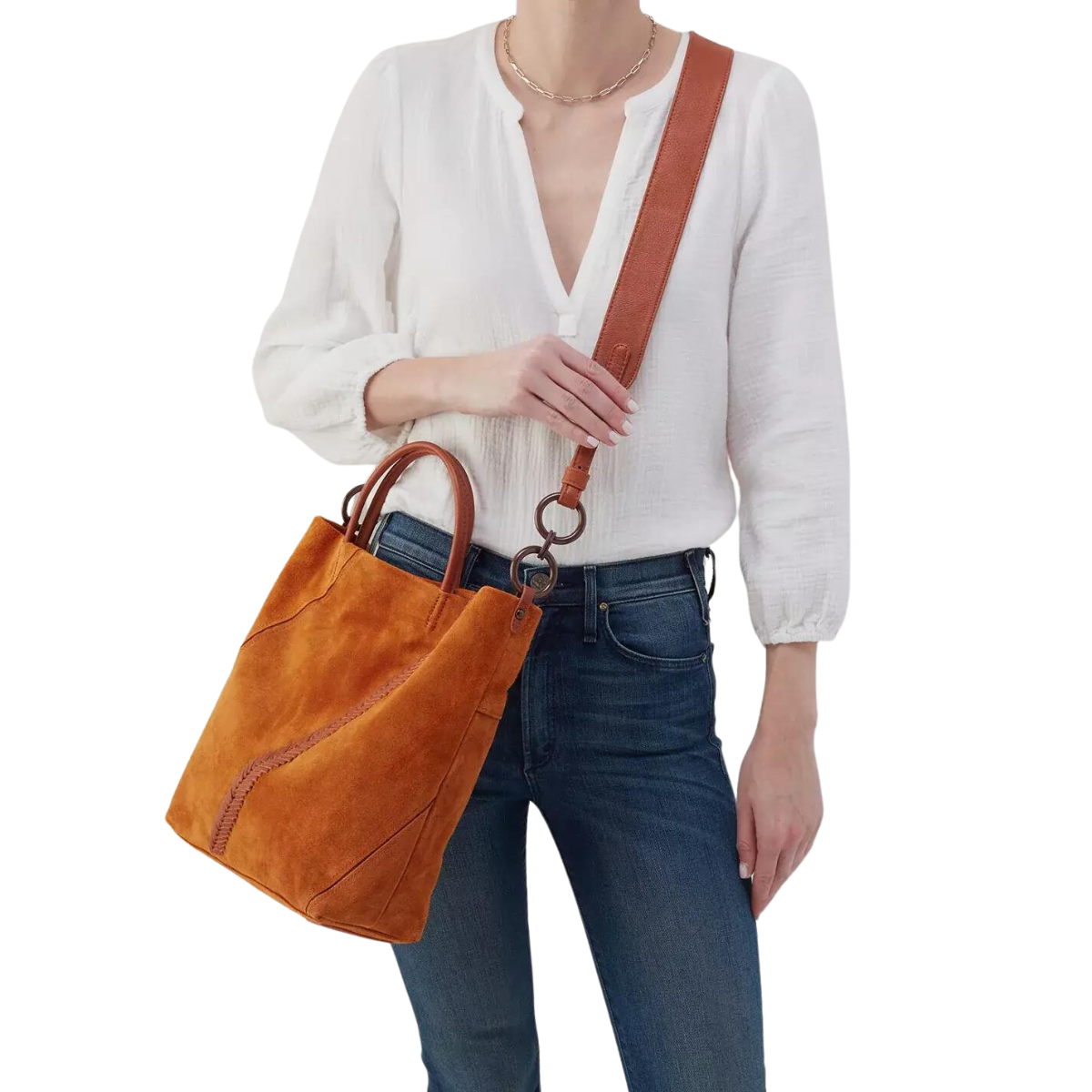 Hobo Tripp Tote in Cognac Suede with Whipstitch