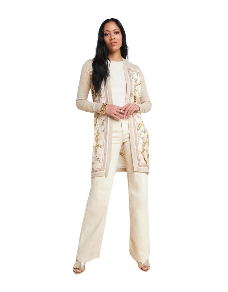 L'agence Beverly Silk Panel Cardigan in Cream & Ecru Multi Oversized Chain Scarf
